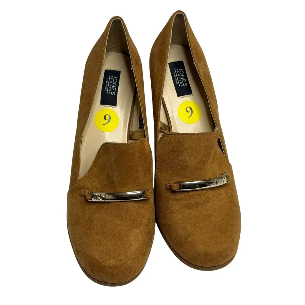 Jones New York Cypra Pump Block Heel Shoe Faux Suede Cognac Tan 9
